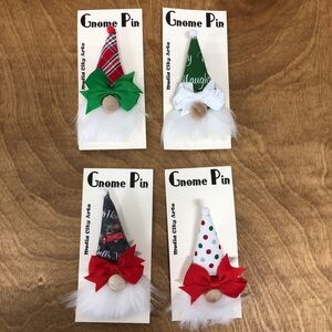 Christmas Gnome Pin Brooch Handmade Gift Guide Bow Magnetic Plaid Red Truck Dots